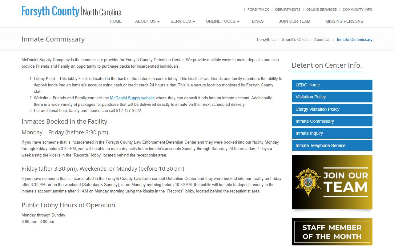 Forsyth County Law Enforcement Detention Center commissary and inmate money deposit information